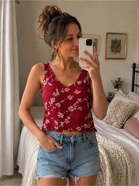 Vintage Silk Ann Taylor Blouse Red Floral V-Neck Camisole Dainty Feminine Unique